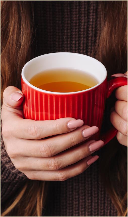 Hands holding a red mug.