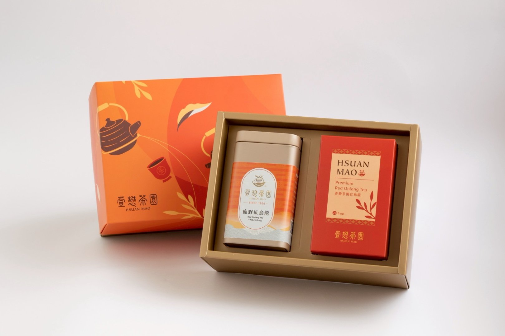 Red Oolong Gift Box B with classic loose leaves and tea bags.